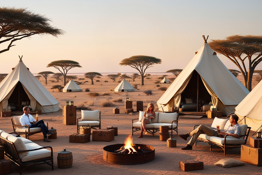 Luxurious glamping experience in the African wilderness at Jack's Camp, Botswana, with elegant safari tents arranged around a cozy campfire. Guests relax in comfortable outdoor seating, enjoying drinks and the serene landscape of acacia trees and golden desert surroundings at sunset.