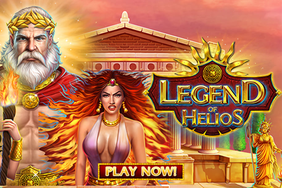 Legend of Helios slot game featuring powerful Greek mythology characters, including Helios and a fiery goddess, with a grand temple backdrop and a 'Play Now' button. Explore the Eternal Slots blog for detailed reviews of mythology-inspired slots like Legend of Helios, offering epic adventures and exciting rewards.