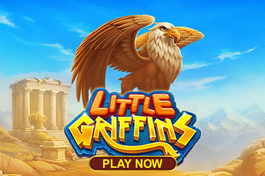 Little Griffins slot game featuring a majestic griffin perched against a mythical ancient backdrop with a clear blue sky and temple ruins, alongside a 'Play Now' button. Visit the Eternal Slots blog for reviews of fantasy-themed slots like Little Griffins, offering enchanting gameplay and mythical rewards.