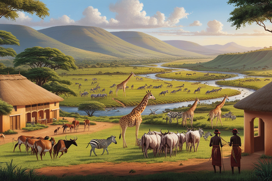 Picturesque landscape at Mahali Mzuri in Kenya’s Maasai Mara, featuring a vibrant scene of diverse wildlife, including giraffes, zebras, and wildebeests grazing near a winding river. Traditional Maasai warriors stand near a thatched hut, observing the breathtaking valley surrounded by lush hills and acacia trees.