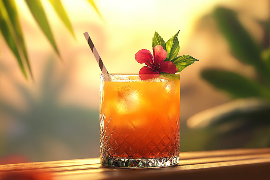 Vibrant Mai Tai cocktail served in a crystal glass with ice, garnished with a tropical flower, fresh mint leaves, and a striped straw. Set against a glowing sunset backdrop, this image perfectly captures the essence of an exotic island getaway.