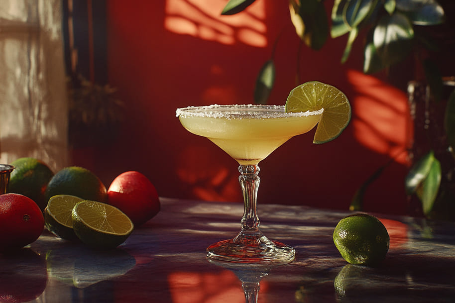 Classic margarita cocktail served in a salt-rimmed glass, garnished with a fresh lime wedge, set against a vibrant red background with natural sunlight and shadows. Surrounded by whole and sliced limes, this image perfectly captures the essence of a refreshing and zesty summer drink.