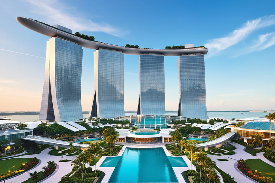 The iconic Marina Bay Sands in Singapore, featuring its three sleek, mirrored towers connected by a futuristic sky park at the top. The design is ultra-modern, with reflective glass surfaces and clean lines. In the foreground, a sprawling pool surrounded by lush tropical landscaping adds to the luxurious vibe. The scene captures the beauty of the structure under a bright blue sky, perfectly blending architecture and nature.