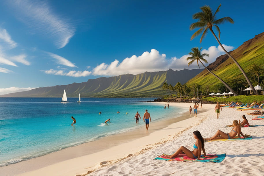 Picturesque beach in Maui, Hawaii, with vibrant turquoise waters, lush green mountains, and clear blue skies. Visitors enjoy sunbathing, swimming, and sailing, with colorful beach towels and palm trees enhancing the tropical paradise setting.