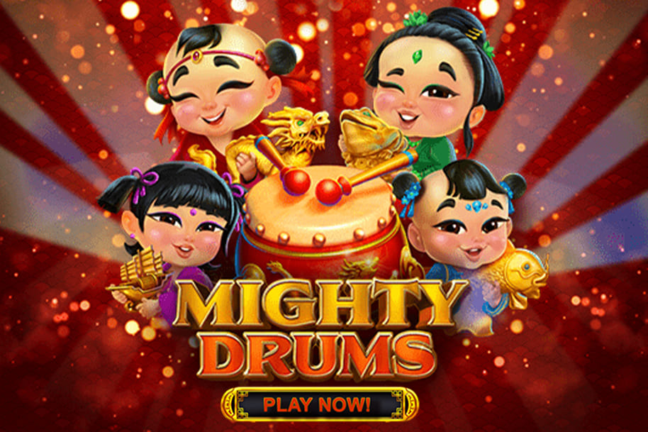 Mighty Drums slot game featuring joyful children holding golden treasures, a vibrant drum at the center, and a festive red backdrop with a 'Play Now' button. Explore the Eternal Slots blog for reviews of culturally-inspired slots like Mighty Drums, offering lively gameplay and rewarding bonus features.