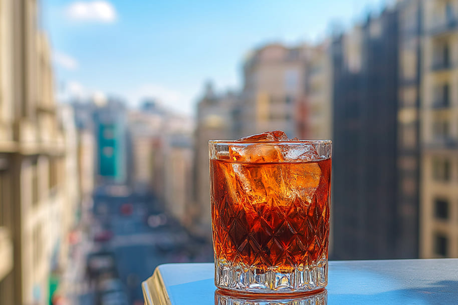 Classic Negroni cocktail served in a crystal glass with ice, set against a sunny cityscape backdrop. This vibrant and sophisticated drink perfectly captures the essence of enjoying timeless cocktails in a modern urban setting.