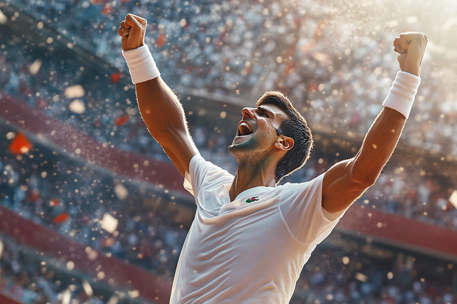 Novak Djokovic celebrating triumphantly after winning a tennis match, raising his arms in victory. The image captures the powerful emotion of his success, surrounded by cheering fans and confetti, symbolizing his achievement on the grand stage.