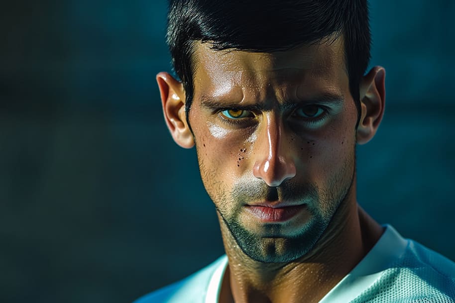 Intense close-up portrait showcasing Novak's fierce determination before a tennis match. The image captures his piercing gaze, highlighting his focus and the raw emotion that defines his competitive spirit on the court.