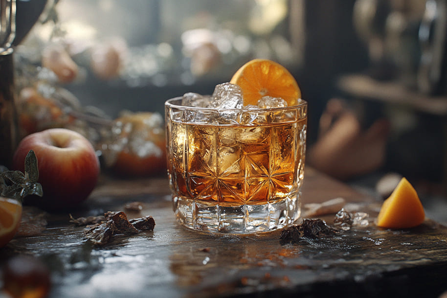 Classic old-fashioned cocktail served in a crystal glass with ice, garnished with an orange slice, set against a rustic backdrop with fresh apples and citrus. This timeless drink evokes warmth and tradition, perfect for showcasing a sophisticated cocktail experience.