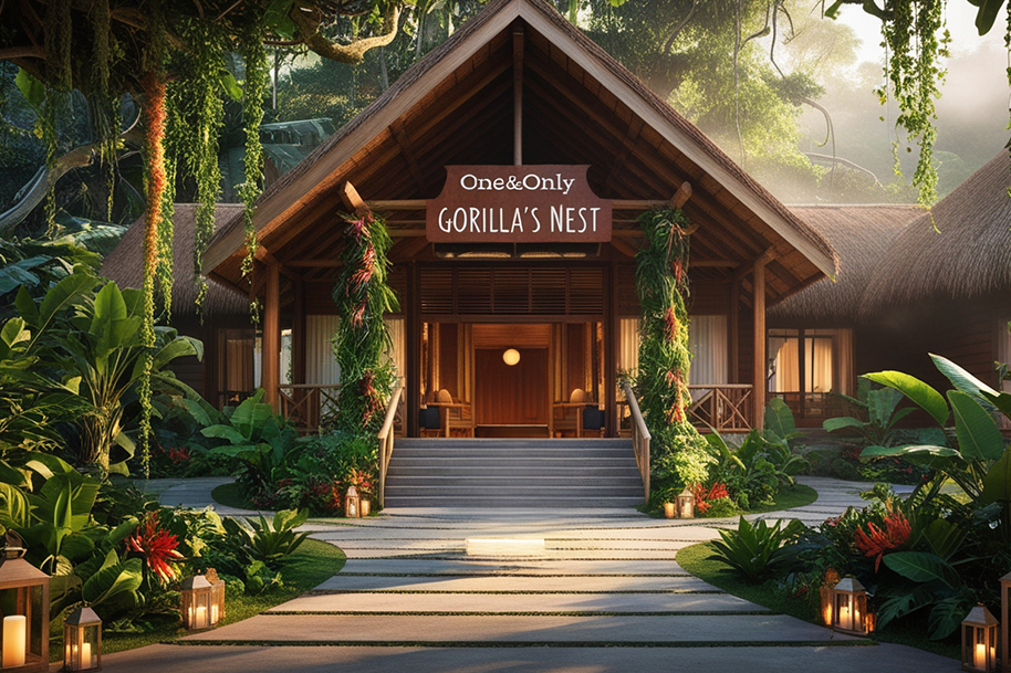 Entrance to the luxurious One&Only Gorilla’s Nest lodge, surrounded by lush tropical greenery and vibrant flowers. The elegant wooden building is adorned with hanging vines and illuminated lanterns, creating an inviting atmosphere for an unforgettable wildlife experience in the heart of Rwanda’s jungle.
