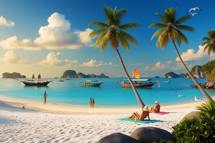 Serene beach in Phuket, Thailand, with soft white sand, turquoise waters, and traditional long-tail boats floating peacefully. The tropical scene is framed by swaying palm trees, colorful beach towels, and a clear blue sky. Seagulls soar overhead while visitors bask in the sun or wade into the calm sea. Rocky islets dot the horizon, enhancing the idyllic coastal vibe.