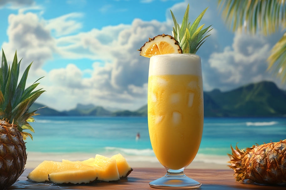 Refreshing piña colada served in a tall glass, garnished with a pineapple slice and leaves, set against a stunning tropical beach backdrop with blue skies and crystal-clear water. This vibrant image perfectly captures the essence of a tropical getaway, ideal for showcasing exotic cocktails.