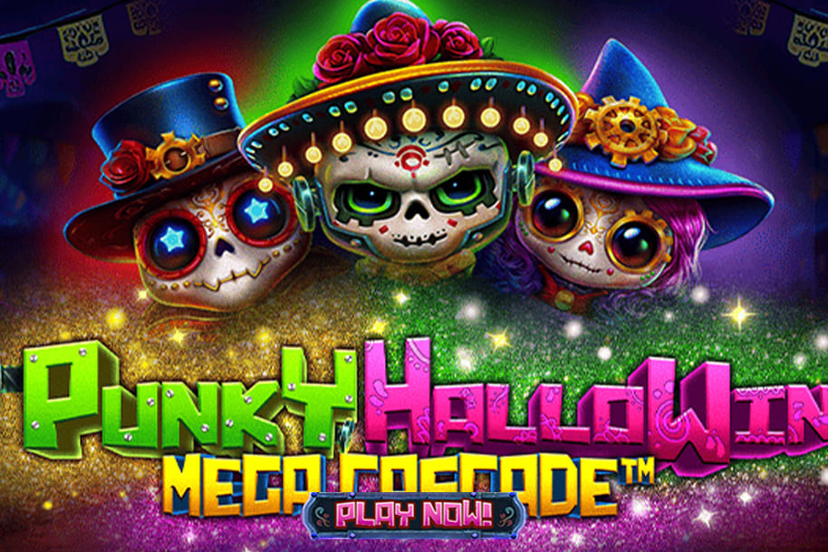 Punky Hallowin Mega Cascade slot game featuring vibrant sugar skull characters in colorful costumes, set in a festive and spooky Day of the Dead theme with a 'Play Now' button. Discover the Eternal Slots blog for reviews of Halloween-inspired slots like Punky Hallowin, offering thrilling gameplay and exciting rewards.