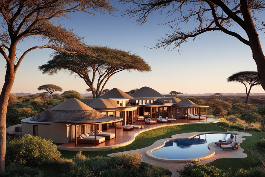 Luxury African safari lodge with modern architecture, featuring private decks, plush outdoor lounge areas, and a stunning infinity pool overlooking the serene savannah. The elegant resort is surrounded by acacia trees and lush greenery, offering a lavish retreat amidst the wild beauty of Africa.