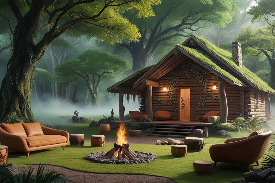 Enchanting forest lodge with a green, moss-covered roof and a cozy outdoor seating area surrounding a glowing campfire. The log cabin is nestled among lush trees, with mist and soft lighting creating a serene, magical atmosphere perfect for an immersive nature retreat.