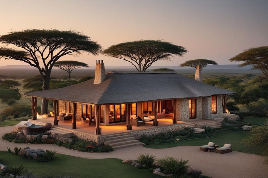 Elegant luxury safari villa in the Serengeti, featuring a spacious stone and thatch design with open-air living spaces and warm interior lighting. The lodge is set among acacia trees and lush landscape, offering a tranquil and opulent escape into the heart of Tanzania’s wilderness.
