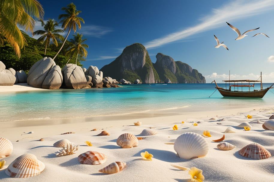 Stunning tropical beach in Seychelles with white sand adorned by seashells and yellow flowers. The turquoise ocean stretches to the horizon, framed by lush palm trees, granite boulders, and dramatic mountain peaks. A traditional wooden boat and seagulls in flight add to the idyllic, serene atmosphere.