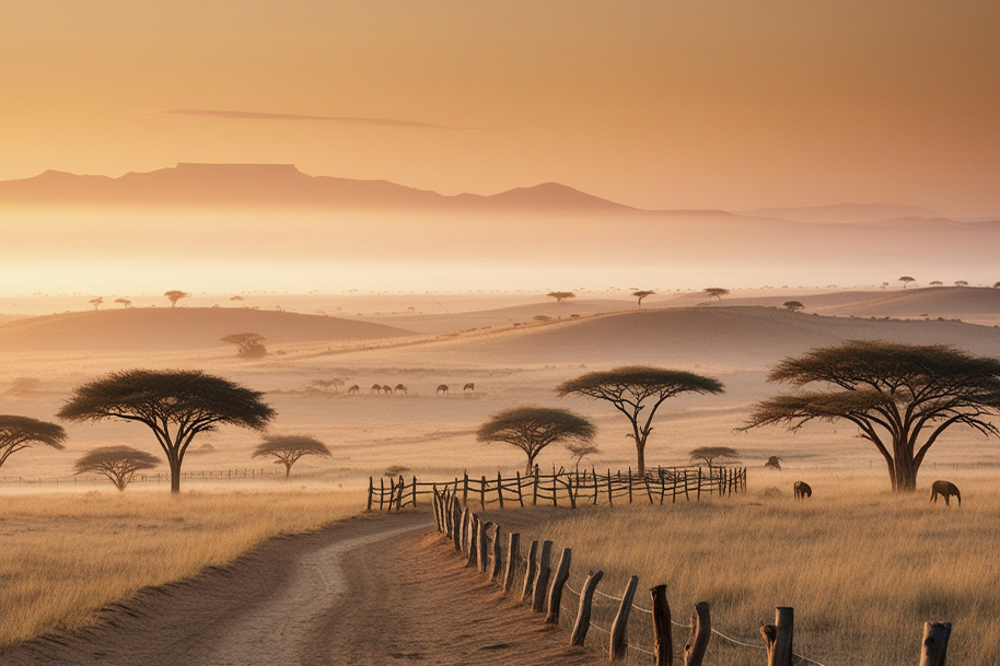 Scenic African savannah landscape at sunrise with a winding dirt path lined by a wooden fence, surrounded by acacia trees and grazing wildlife. Misty hills and distant mountains create a serene and breathtaking view, perfect for a luxury safari adventure in Africa’s wilderness.