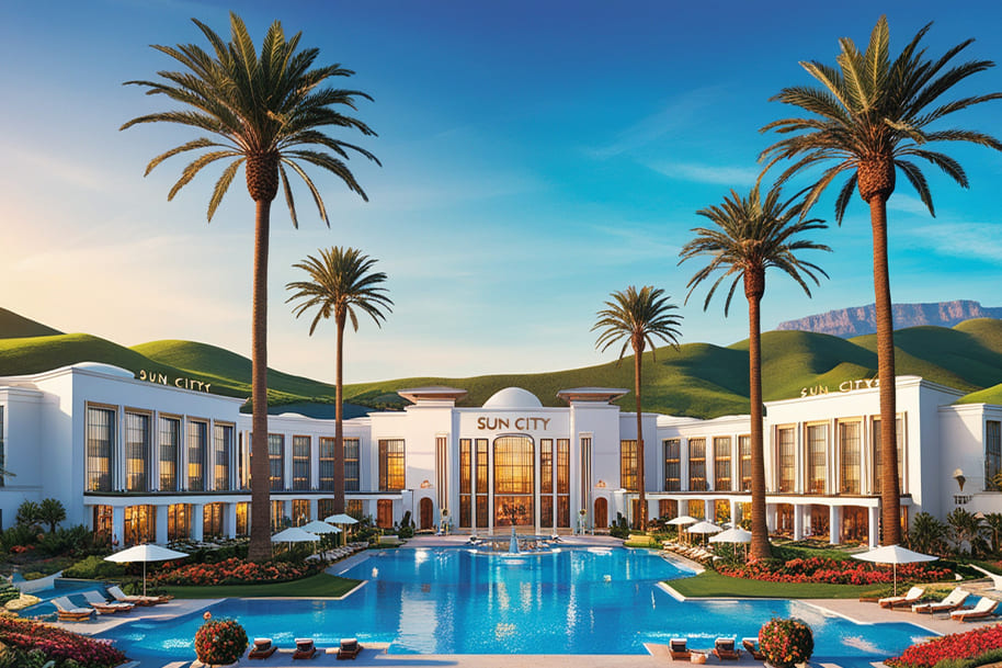 Sun City Resort, nestled in lush green hills, stands majestically under a clear blue sky. The central swimming pool, surrounded by elegant lounge chairs and umbrellas, reflects the luxurious vibe of the resort. Towering palm trees frame the pristine white architecture of the building, creating a tranquil and inviting atmosphere. The name 'Sun City' is prominently displayed, emphasizing its iconic status as a premier vacation and casino destination.