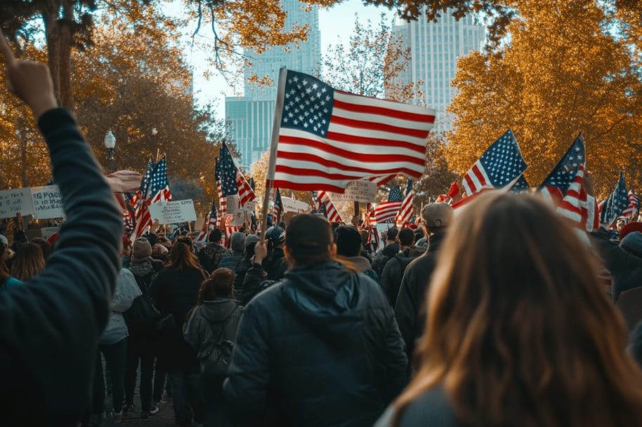 Large crowd with American flags rallying in a public park, symbolizing unity and civic engagement in U.S. democracy. Featured in Eternal Slots blog post on interesting facts about voting in the USA, emphasizing the importance of public participation and patriotism on Election Day.