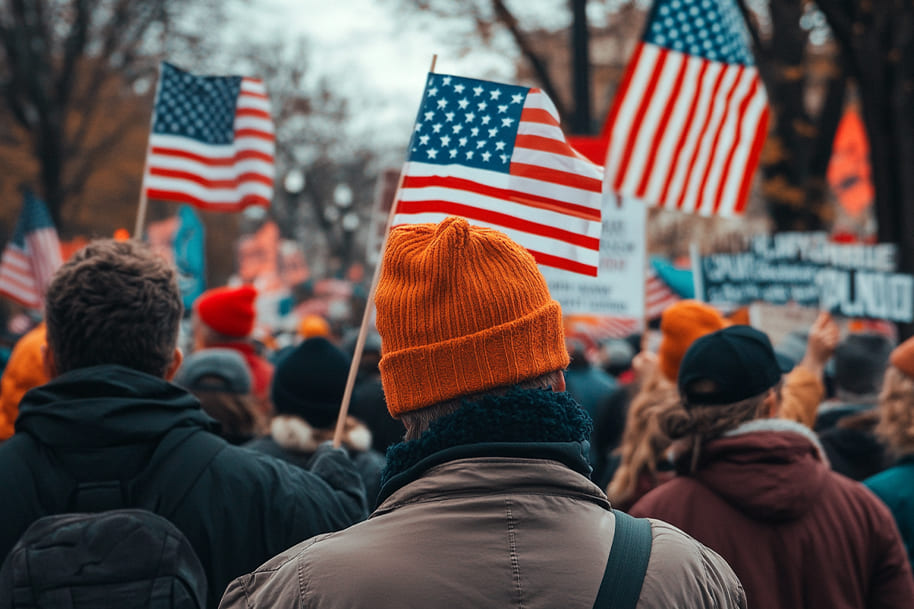 People gathered with American flags during a civic event, reflecting patriotism and public participation in U.S. elections. Featured in Eternal Slots blog post on top facts about voting in the USA, exploring the significance of democracy and voting rights.
