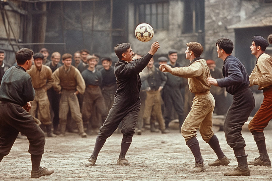 Vintage scene of players engaged in an early football match, showcasing the historic roots of one of the oldest sports still played today, as featured in the sports history blog on eternalslots.com.