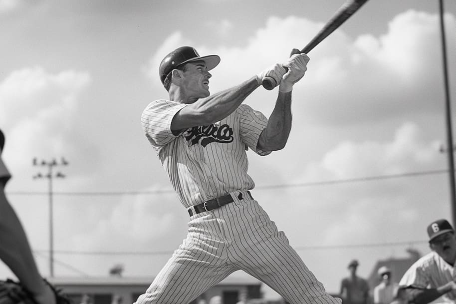 Vintage photograph of a baseball player swinging a bat, highlighting the enduring popularity of baseball as one of the oldest sports still enjoyed today, as featured in the sports history blog on eternalslots.com.