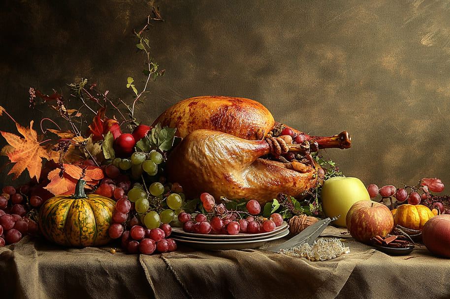 Traditional Thanksgiving feast featuring a golden roasted turkey surrounded by fresh grapes, apples, pumpkins, and autumn leaves on a rustic table. This image captures the essence of a bountiful holiday celebration, perfect for illustrating cherished Thanksgiving traditions across America.
