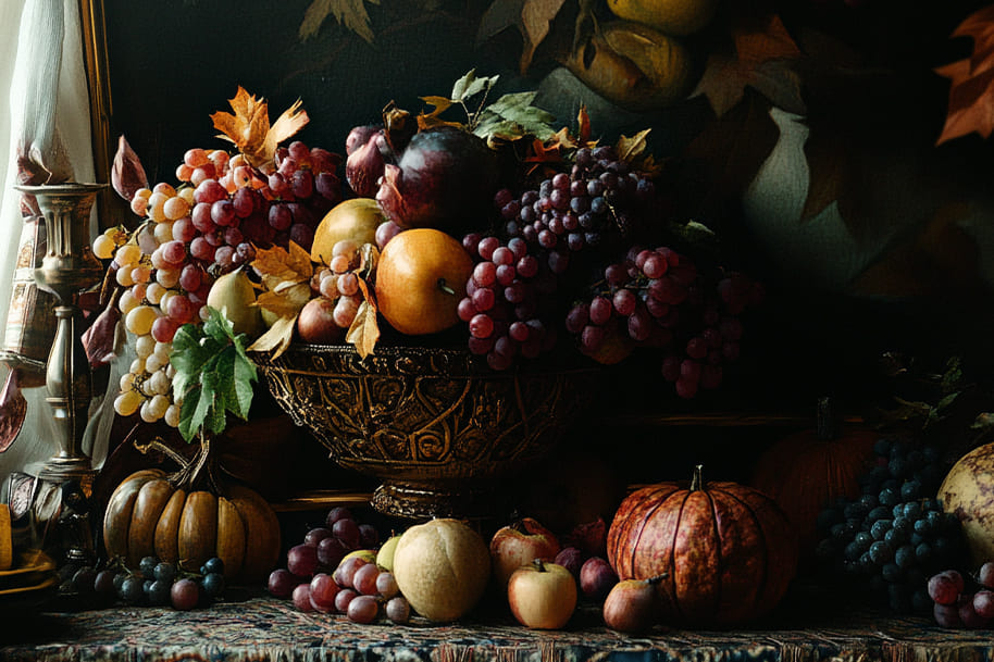 Elegant Thanksgiving still life featuring a decorative bowl overflowing with grapes, pomegranates, pears, and apples, surrounded by pumpkins and autumn leaves. This image beautifully showcases the abundance and warmth of the holiday season, ideal for highlighting traditional Thanksgiving feasts and celebrations.