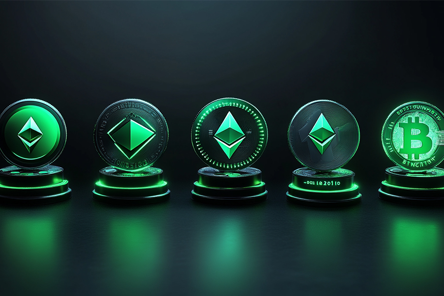 Digital representations of popular cryptocurrencies including Ethereum and Bitcoin, illuminated with green lighting, symbolizing growth and investment potential. Featured in Eternal Slots blog post on top cryptocurrencies to consider in November 2024, with analysis of recent market trends.