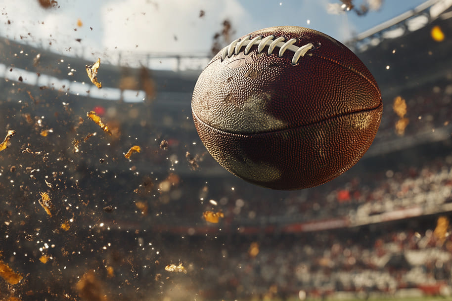 Close-up of a football in motion with stadium crowd in the background, capturing the intensity of live football action. Featured in Eternal Slots blog post on top sporting events to watch in November, offering excitement for football fans and sports betting enthusiasts.