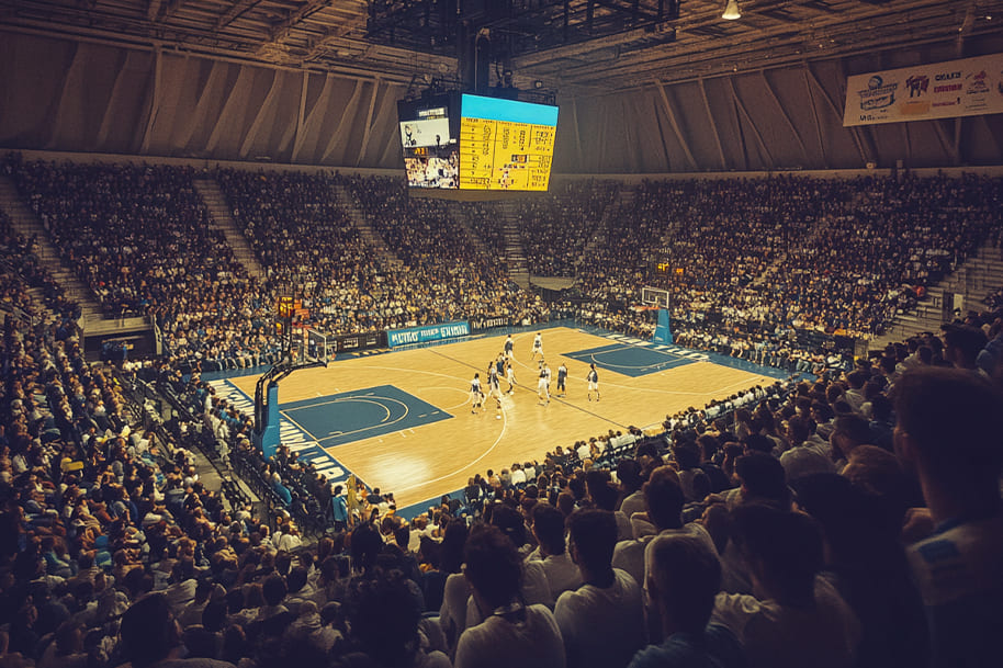 Packed indoor basketball arena with fans watching an intense game, highlighting the thrill of major basketball events. Featured in Eternal Slots blog post on top sporting events to watch in November, providing insights for basketball fans and sports betting enthusiasts.