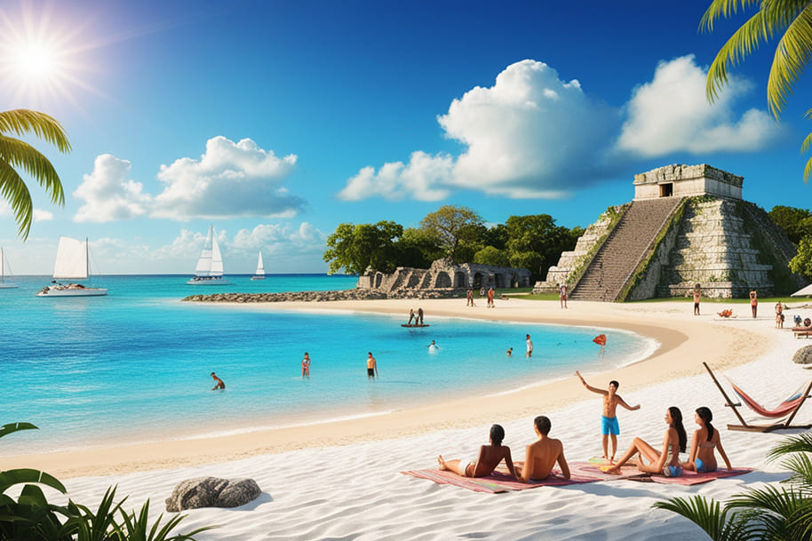 Vibrant beach scene in Tulum, Mexico, featuring a mix of history and natural beauty. White sand beaches lead to turquoise waters where visitors swim and sailboats glide. Iconic Mayan ruins stand majestically on the shoreline, surrounded by lush greenery under a sunny, blue sky. A group of friends relax on the beach, enjoying the idyllic tropical atmosphere.