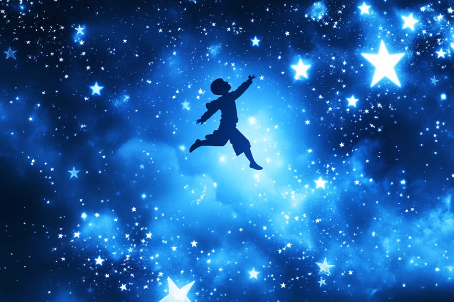 Silhouette of a person leaping among stars in a dreamlike, star-filled sky, symbolizing ambition and the pursuit of fortune, as highlighted in the astrology and fortune blog on eternalslots.com.