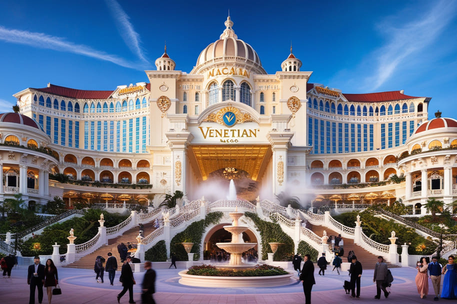 The Venetian Macau, a luxurious and grand resort, shines under a vibrant blue sky. Its architectural design reflects the opulence of Venetian-inspired elements, with ornate domes, arches, and detailed facades. The cascading staircases and elegant fountain at the entrance add a majestic touch. Visitors are seen strolling around, enhancing the lively atmosphere of this iconic casino destination.