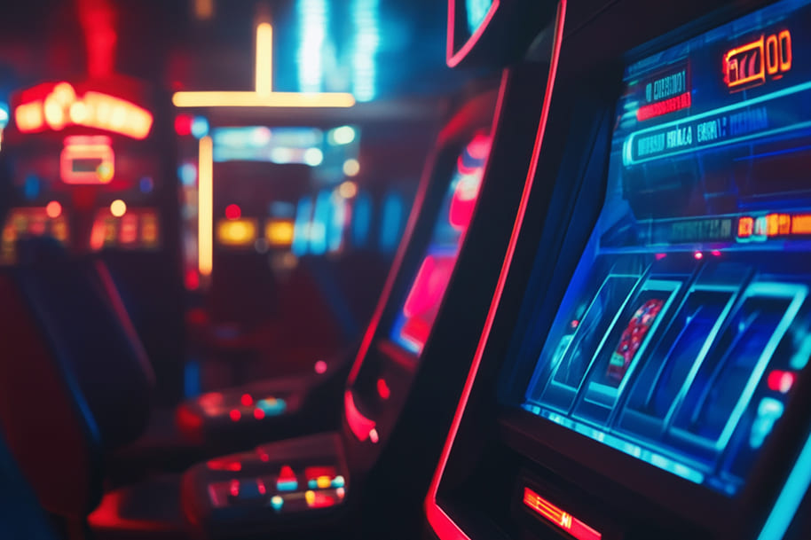 Row of colorful slot machines in a neon-lit casino, creating an exciting and immersive gaming atmosphere. The image captures the appeal of modern casinos, highlighting the rising popularity of crypto casinos among players seeking a unique gaming experience.