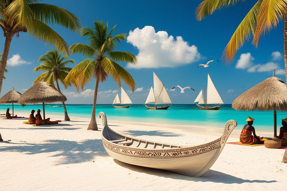 Idyllic Zanzibar beach scene showcasing traditional dhows sailing on turquoise waters under a sunny blue sky. A decorative canoe rests on the pristine white sand surrounded by tall, swaying palm trees and straw-roofed huts. Local women dressed in colorful attire relax under the shade, creating a serene and cultural vibe. Seagulls soar gracefully in the backdrop, completing the picturesque tropical paradise.