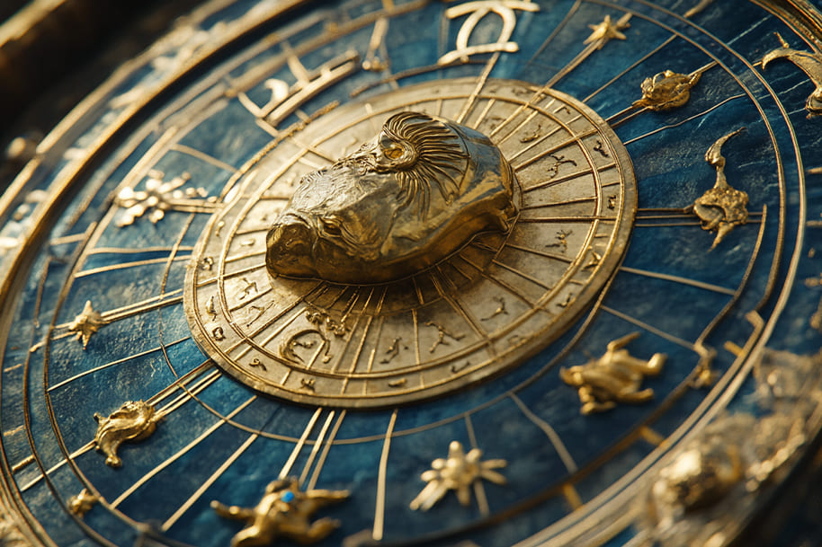 Golden zodiac wheel with detailed astrological symbols on a blue background, representing the twelve zodiac signs and cosmic influences. The image highlights the elegance of astrology and the art of predicting personal destinies.