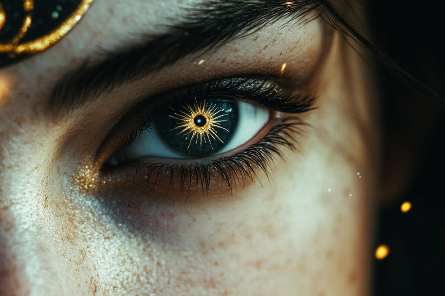 Close-up of a mesmerizing eye with a golden astrological symbol reflected, symbolizing insight, intuition, and the mystique of zodiac predictions. The image captures a sense of cosmic connection and the power of astrology in revealing personal paths.
