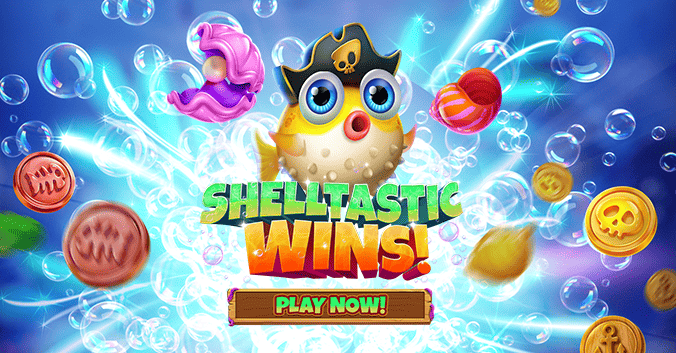 Pirate-themed pufferfish surrounded by coins, seashells, and bubbles, showcasing the Shelltastic Wins slot game with a 'Play Now' button. Dive into the Eternal Slots blog for exciting updates on Shelltastic Wins, featuring underwater adventures, rewarding gameplay, and instant withdrawals.