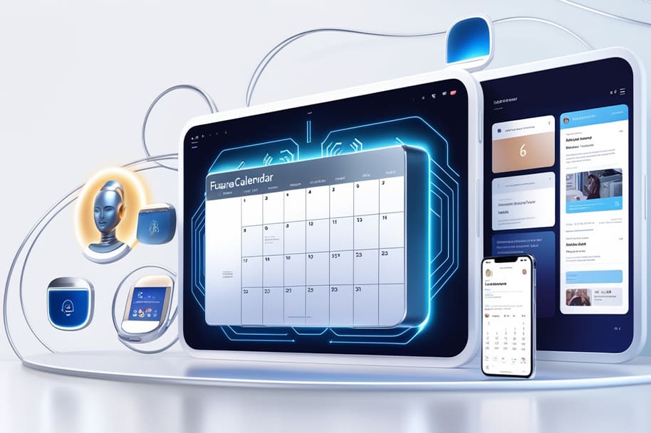 Digital AI-powered tools enhancing everyday life, featuring futuristic calendar interfaces, task management apps, and smart assistant devices.