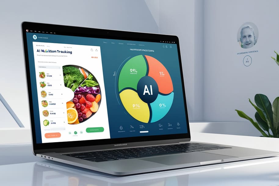 AI-powered nutrition tracking interface displayed on a laptop, showcasing a pie chart and healthy food options for personalized diet planning and health optimization.