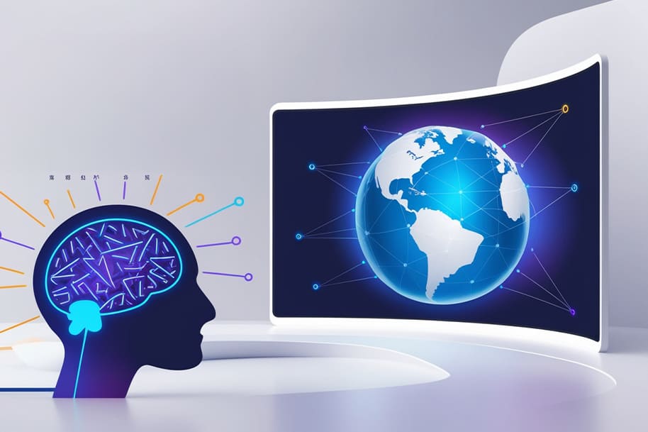 Illustration of AI-powered global connectivity, featuring a glowing brain silhouette and a digital world map highlighting network connections across the globe.