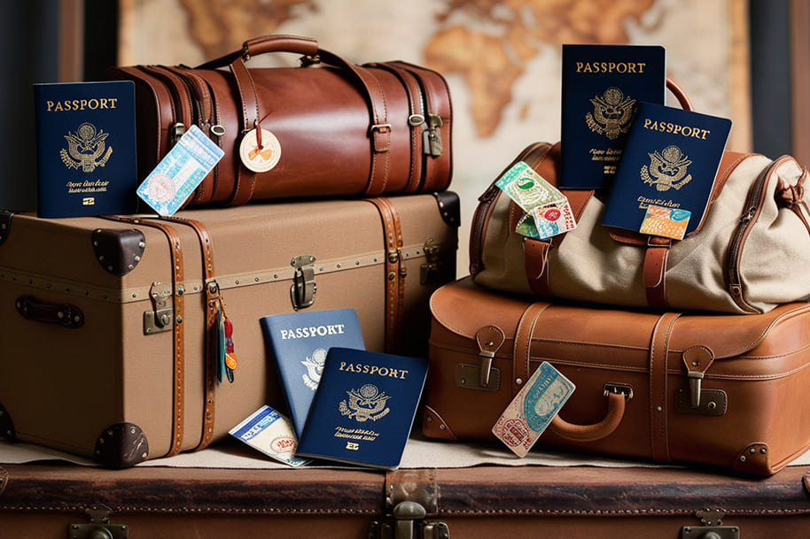 Elegant travel essentials including vintage luggage, passports, and travel tags set against a world map backdrop—perfect for EternalSlots.com readers planning luxury getaways or seeking travel inspiration.