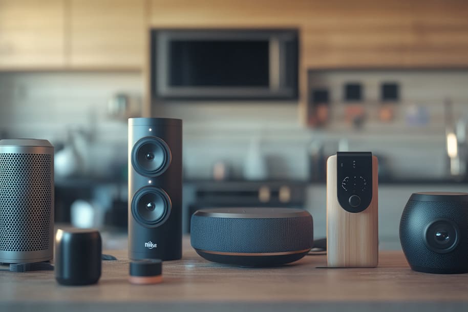 A stylish assortment of modern smart home devices is displayed on a sleek wooden kitchen counter. The collection includes compact speakers, a soundbar, and other connected gadgets, featuring elegant designs in metallic, wooden, and matte finishes. The soft focus of the background reveals a contemporary kitchen setup, creating a cozy yet tech-savvy ambiance. Perfect for showcasing advanced home technology gift ideas.