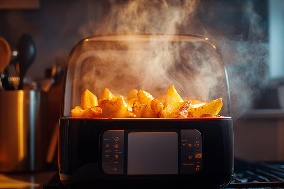 A modern air fryer emitting wisps of steam as it crisps up a batch of golden potato wedges. The appliance’s sleek black design features a digital touchscreen display, glowing softly in a cozy kitchen setting. Warm lighting highlights the appetizing, perfectly seasoned fries, making it an ideal showcase for a practical and innovative gift for food enthusiasts and home cooks.
