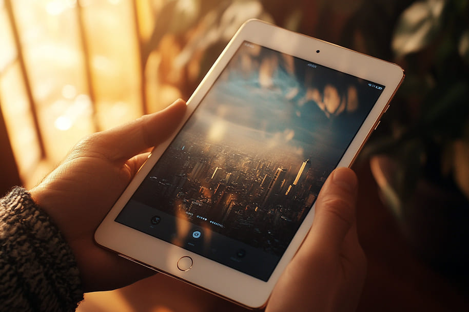 A person holding a sleek tablet device, showcasing a vibrant cityscape on its screen. The warm sunlight streaming through a window casts a cozy golden glow, enhancing the modern, minimalist aesthetic. This image perfectly highlights a tech-savvy Christmas gift for those who love portable gadgets and digital experiences.