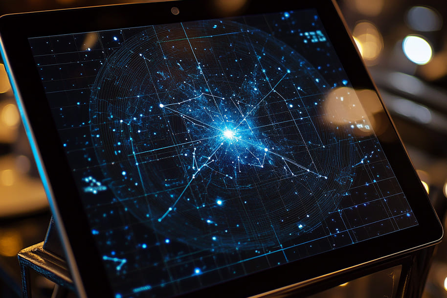 A futuristic digital tablet displaying a vivid, glowing map of interconnected stars and constellations, creating a mesmerizing cosmic network. The holographic-style blue light design is overlaid on a dark background, offering a captivating glimpse into the universe. The setting is illuminated by soft, warm ambient lighting, reflecting subtle highlights on the tablet screen, perfect for showcasing tech-inspired gift ideas for stargazers or sci-fi enthusiasts.