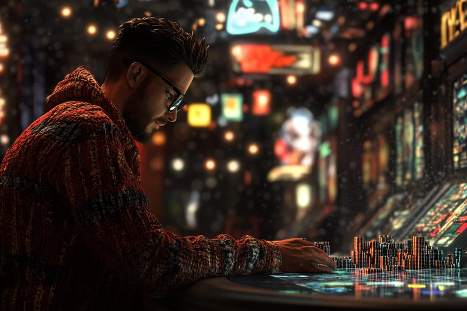 Futuristic focus: A stylish gamer intensely playing at a glowing digital console, surrounded by a vibrant backdrop of neon-lit slot machines and cyber-inspired designs. This image encapsulates the tech-forward vibe of blockchain gaming.