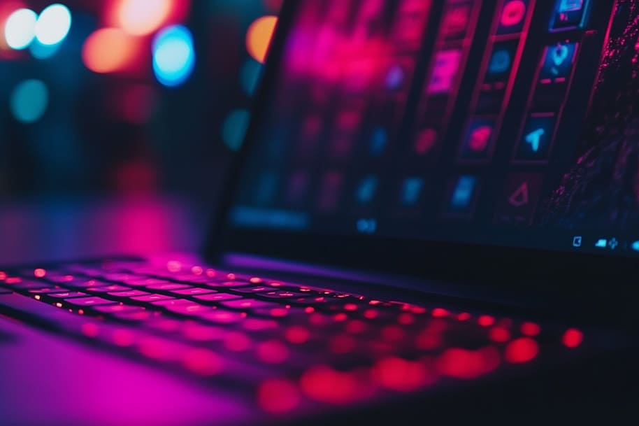 Immersive gaming tech: A sleek laptop glowing with vibrant neon hues, displaying futuristic game icons on the screen. This image captures the cutting-edge world of blockchain-based online gaming, where innovation meets entertainment.